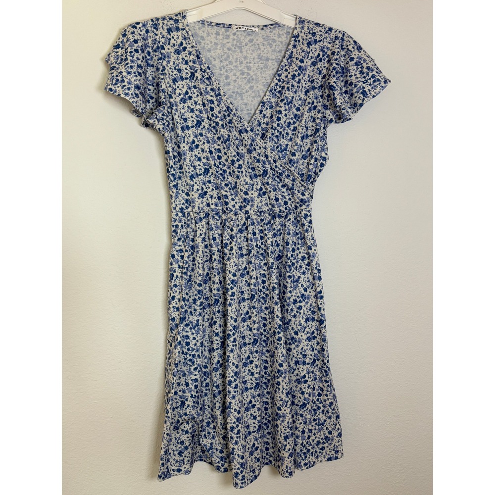 Vetior Blue White Floral Wrap Dress Short Sleeve V-Neck Small